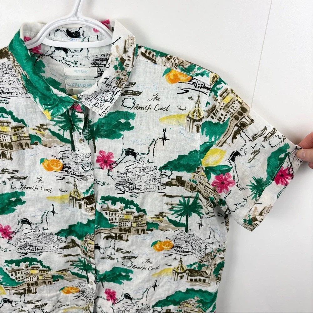 Cynthia Rowley Linen Amalfi Coast Boxy Short Sleeve Blouse Top M Italy Graphic - Picture 2 of 7
